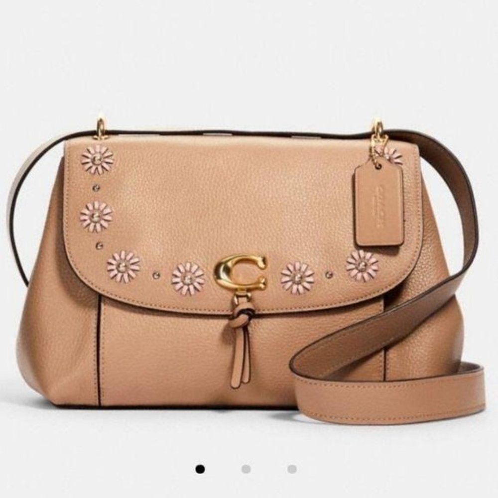 COACH Remi Whipstitch Daisy Embellished Leather Crossbody Shoulder Handbag